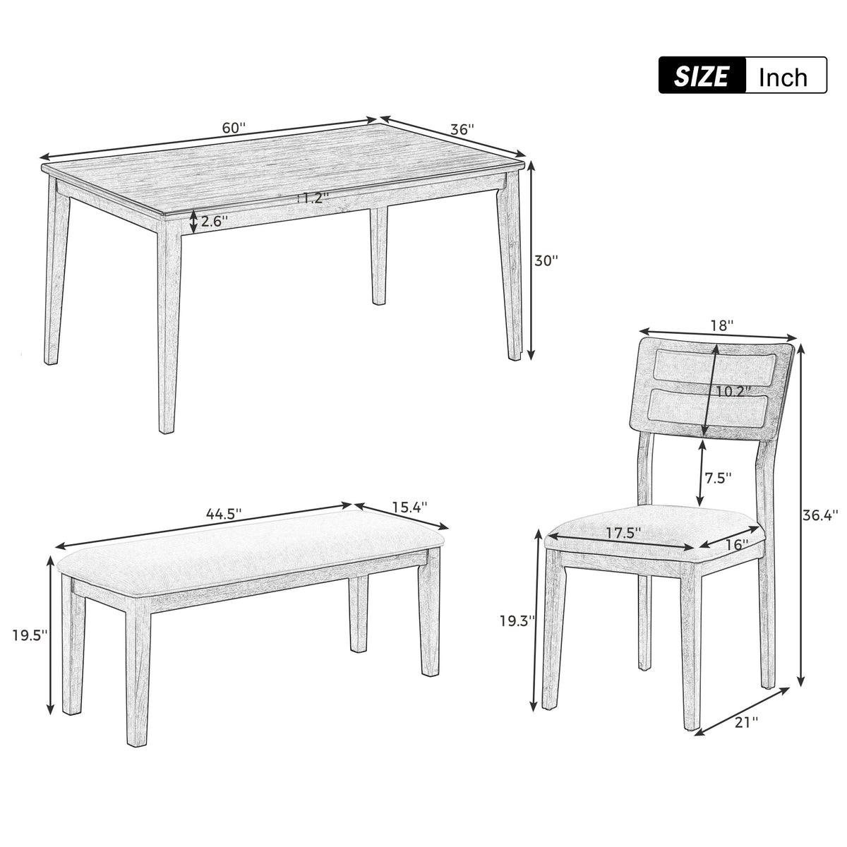6-Piece Dining Set with Bench White and Gray