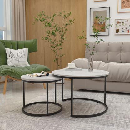 White 2-Piece Round Nesting Coffee Table Set – Marble-Look Wood Top with Metal Frame