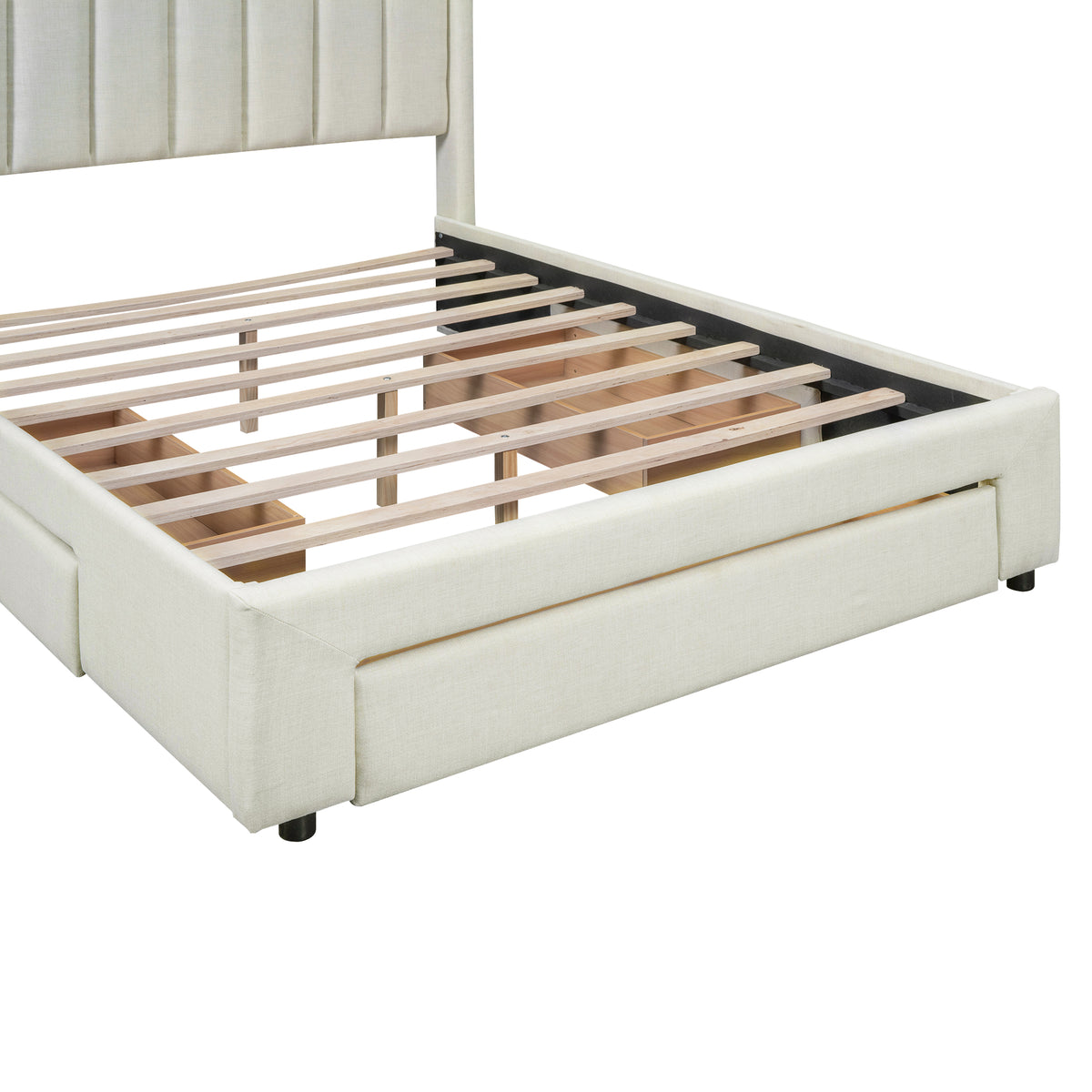 Upholstered Platform Bed with Drawers Beige