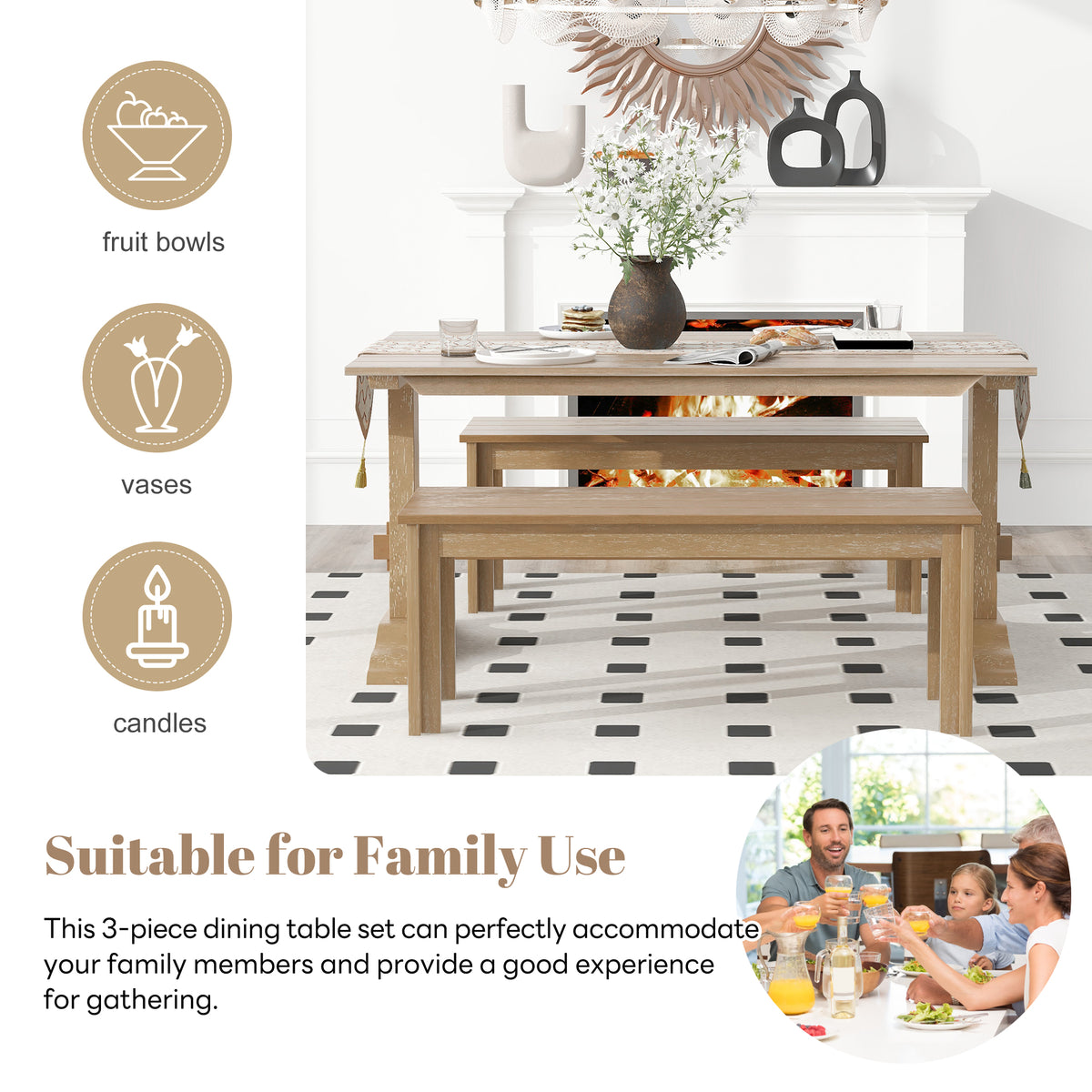 Retro Dining Set (3 pcs) – Natural Wood