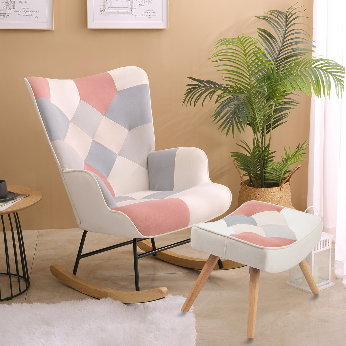 Mid-Century Patchwork Rocking Chair with Ottoman – Wood Legs