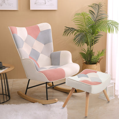 Mid-Century Patchwork Rocking Chair with Ottoman – Wood Legs