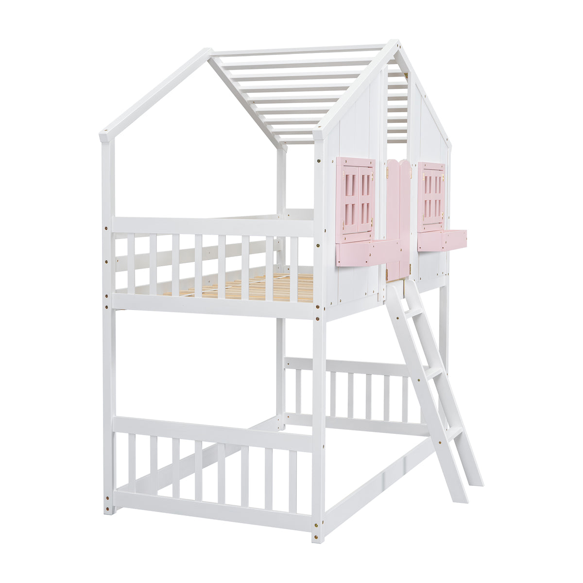 Twin House Bunk Bed with Ladder Pink White