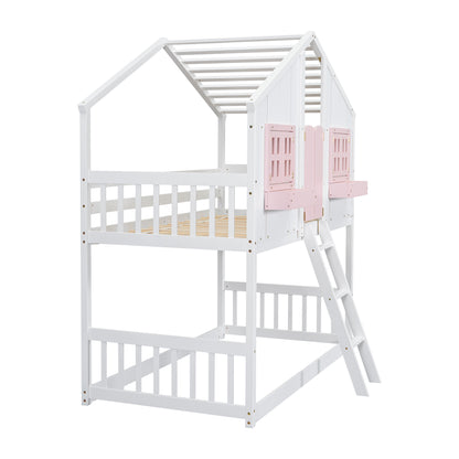 Twin House Bunk Bed with Ladder Pink White