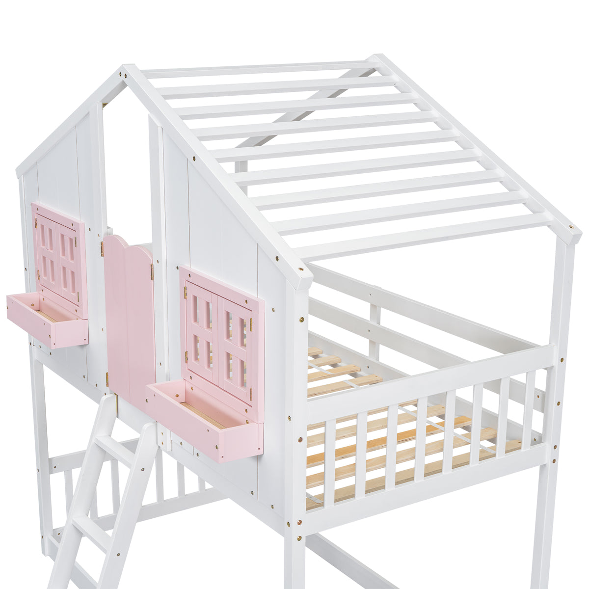 Twin House Bunk Bed with Ladder Pink White