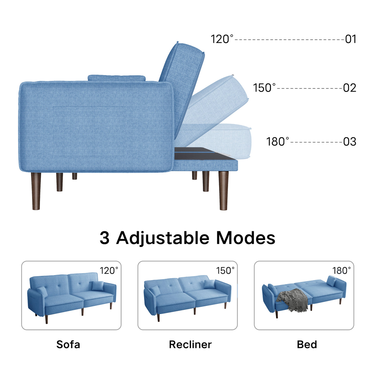 Blue Fabric Living Room Futon Sofa Bed