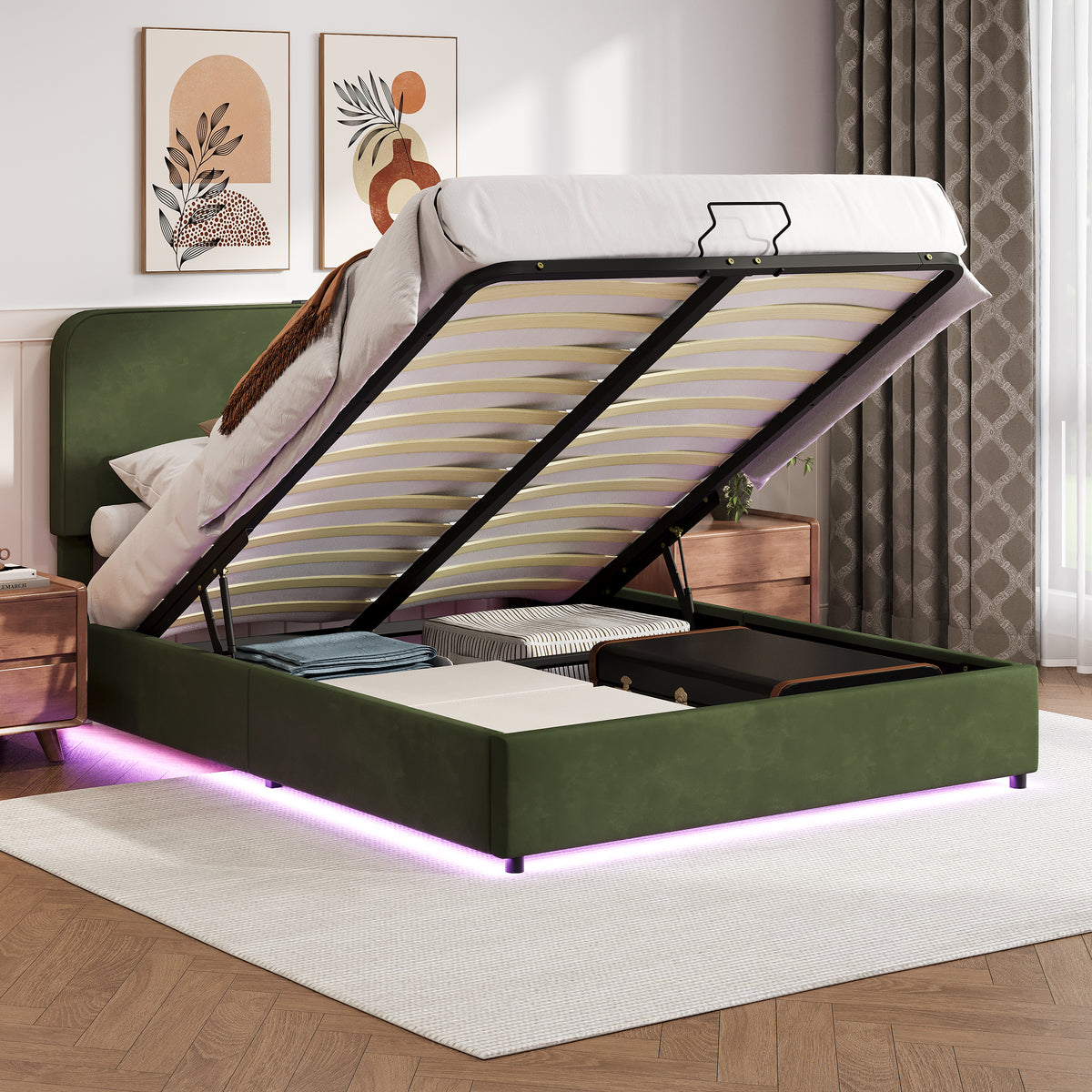 Hydraulic Storage Bed with LED Lights Green