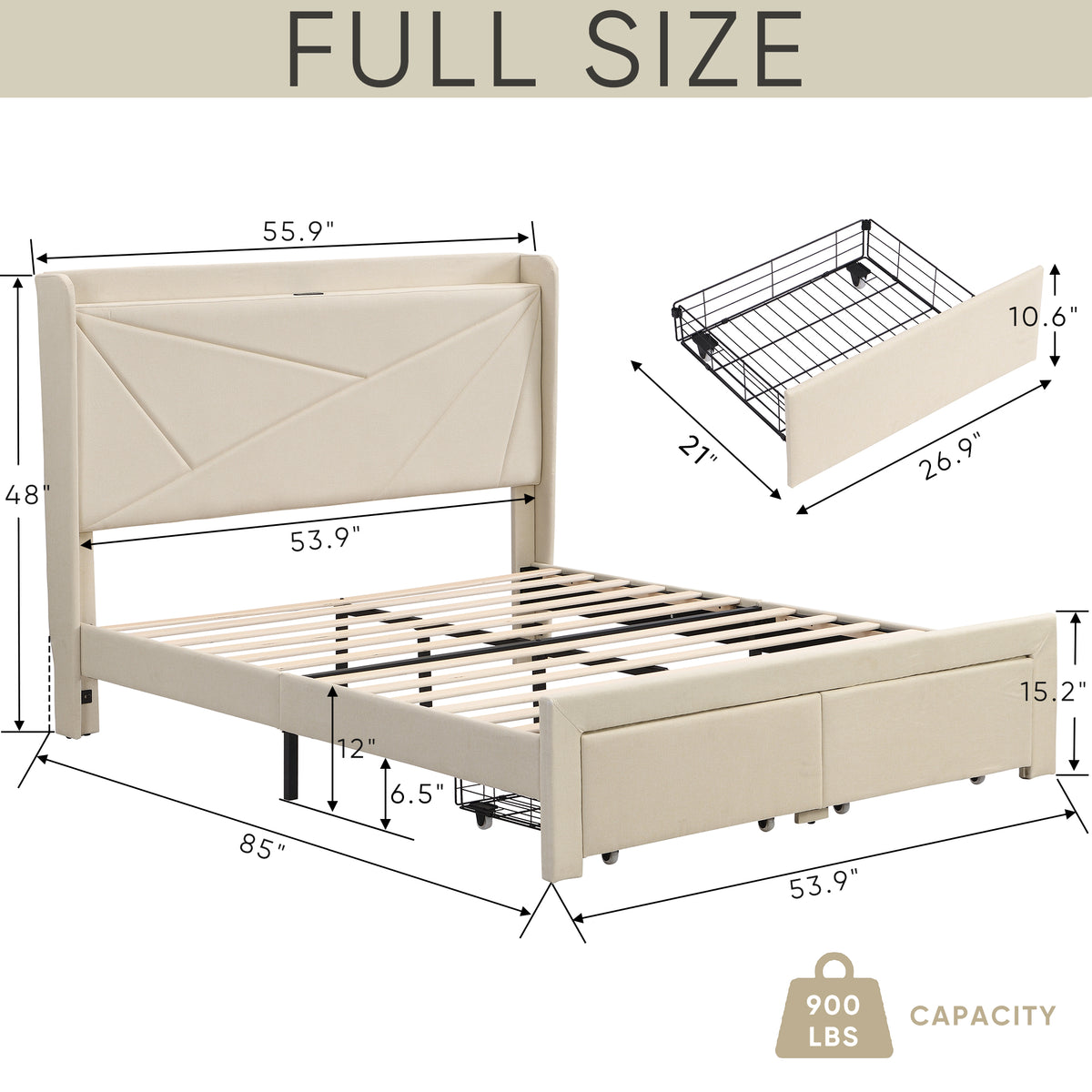 Full Size Upholstered Bed with Drawers – Beige