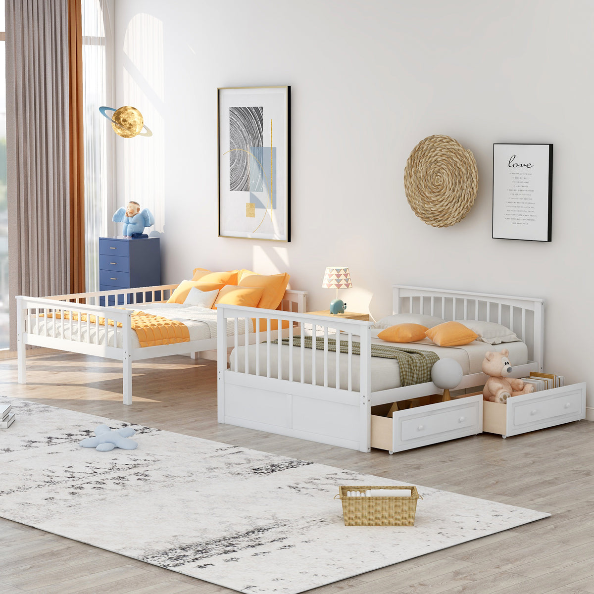 Convertible Full Bunk Bed with Drawers White
