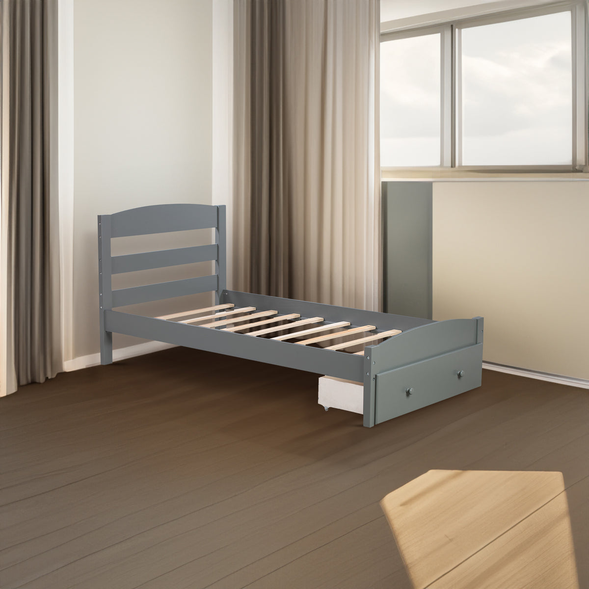 Grey Twin Platform Bed with Storage Drawer