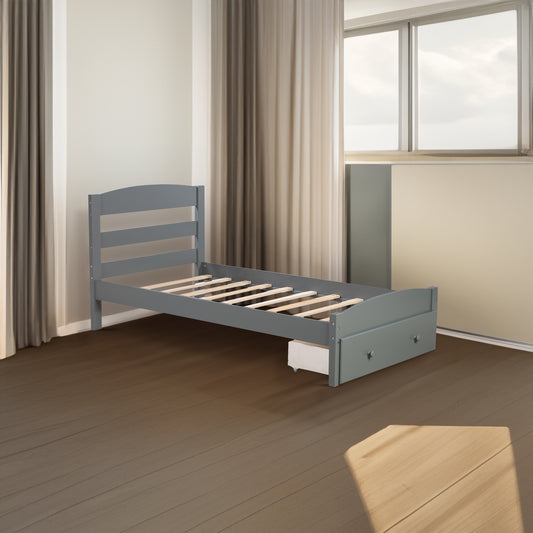 Grey Twin Platform Bed with Storage Drawer