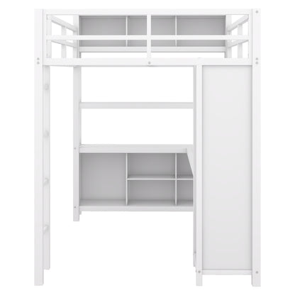 Full Loft Bed with Wardrobe and Shelf White