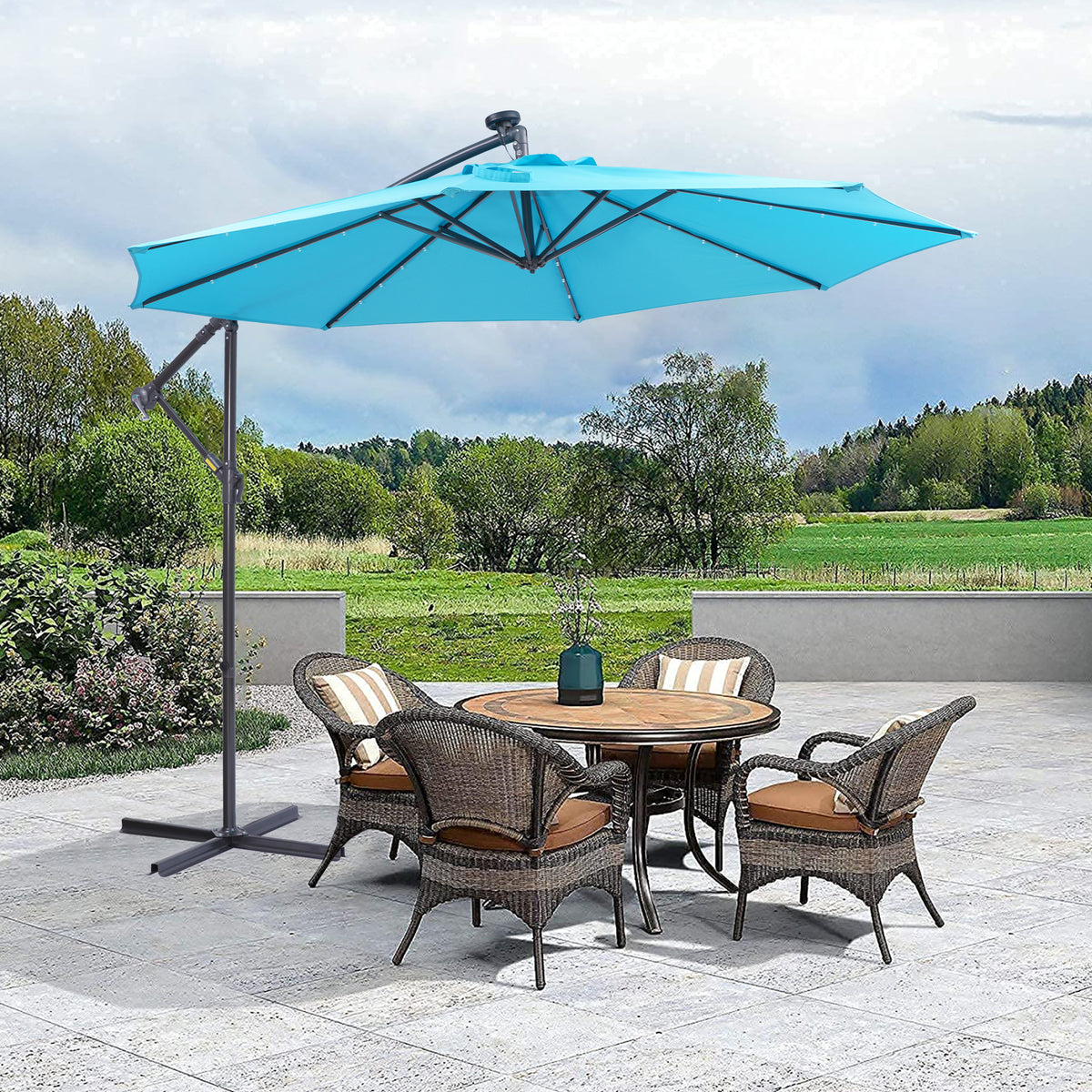 Blue 10ft Solar LED Patio Umbrella – 32 Lights with Crank & Tilt System