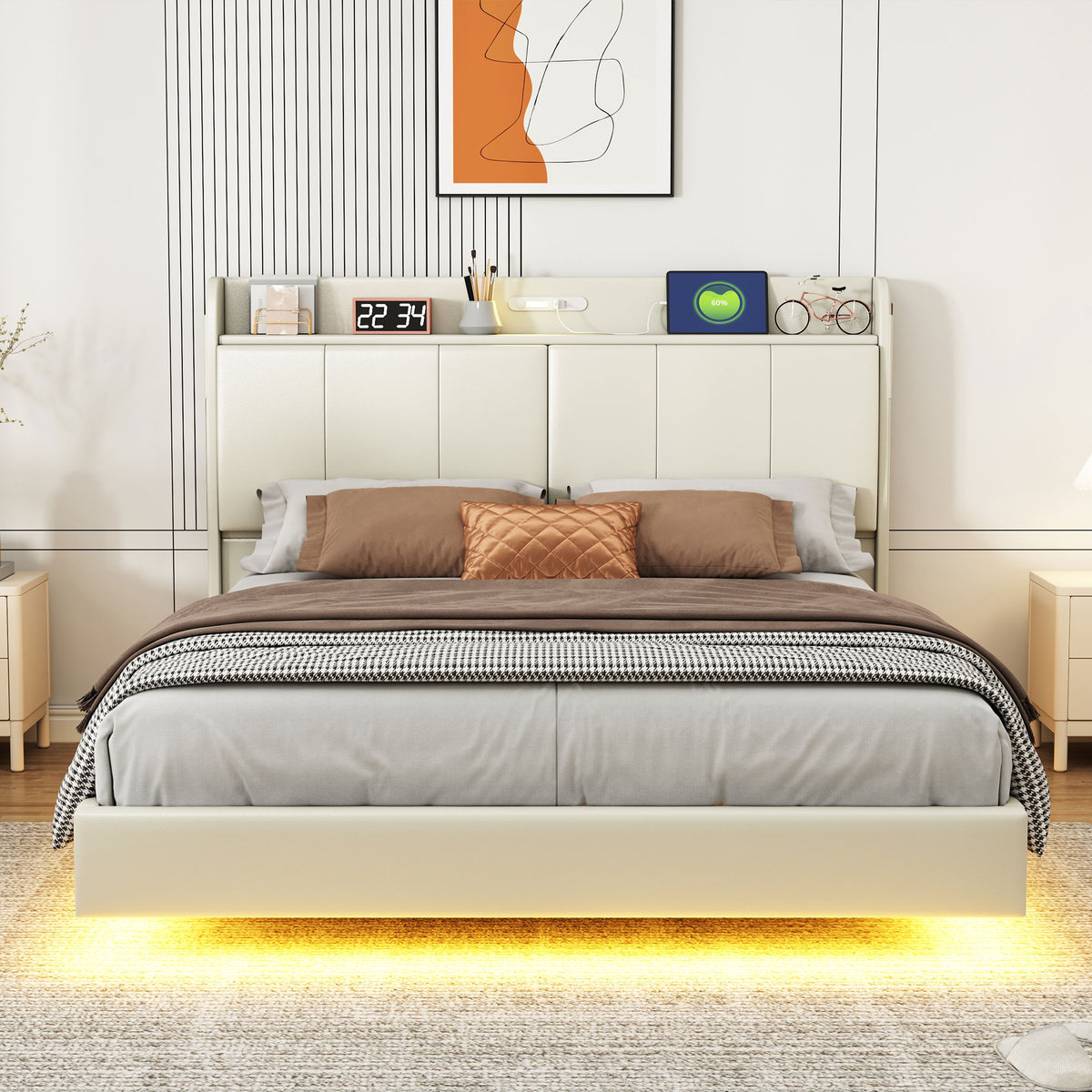 Platform Bed with Sensor Light and USB Beige