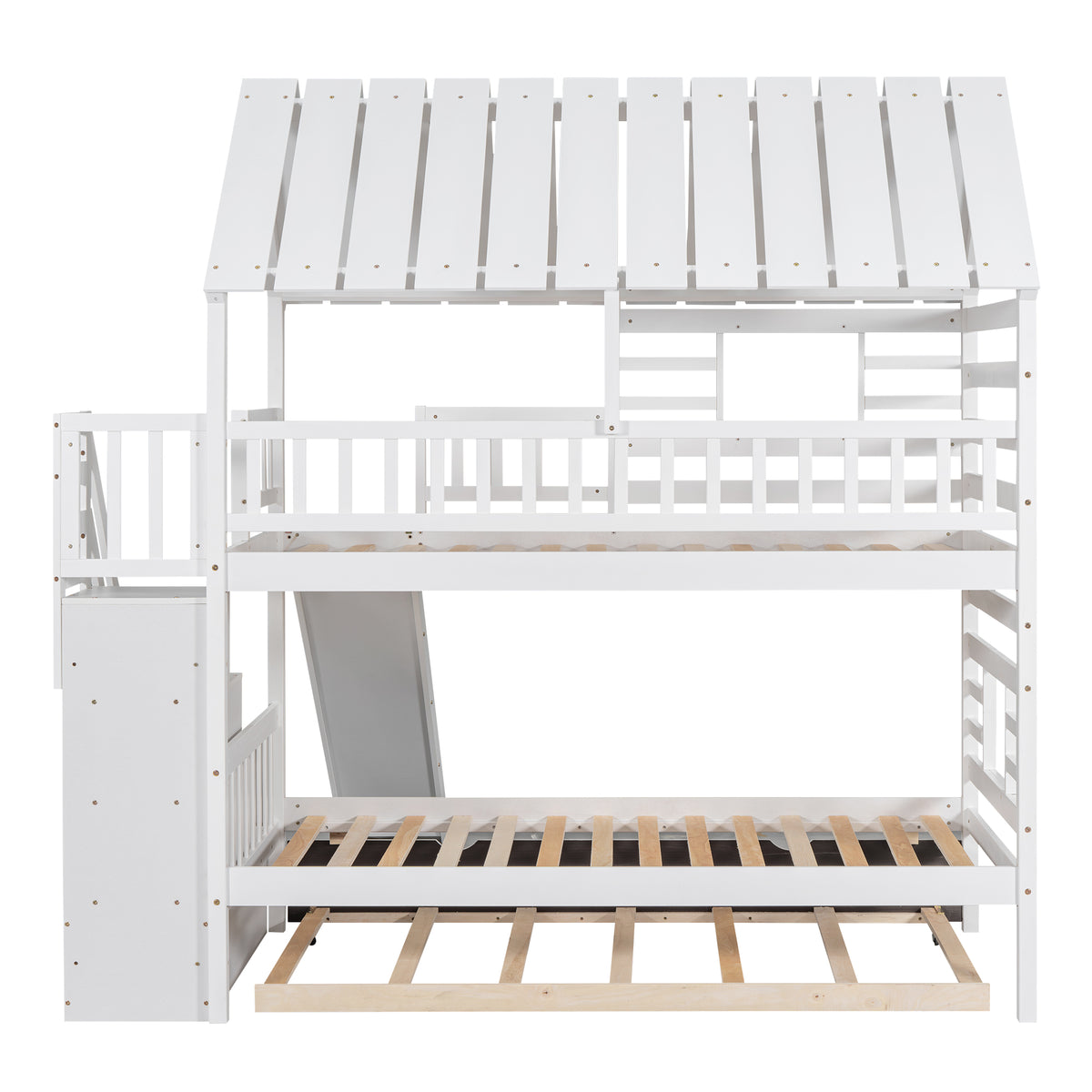 Twin Over Twin Bunk Bed with Roof Staircase White