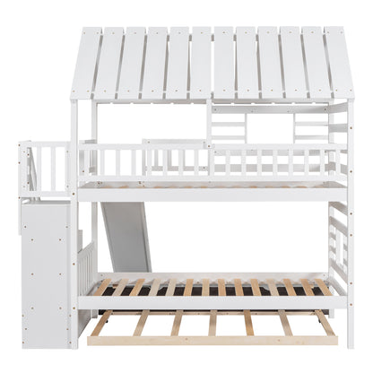 Twin Over Twin Bunk Bed with Roof Staircase White