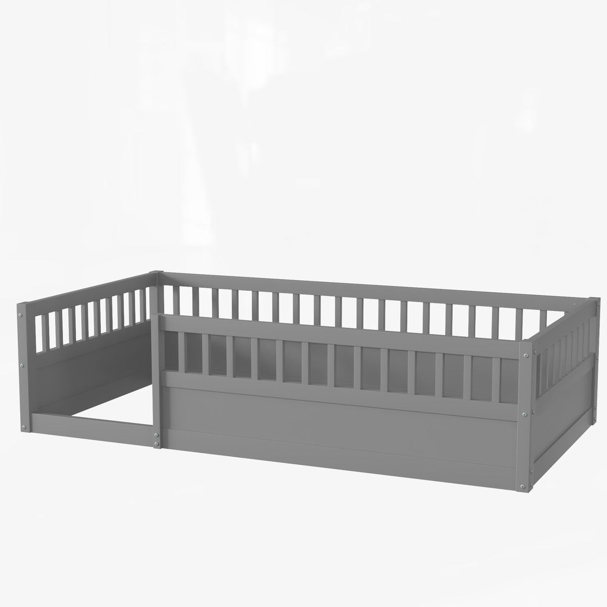 Gray Kids Floor Bed Frame with Fence