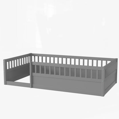 Gray Kids Floor Bed Frame with Fence