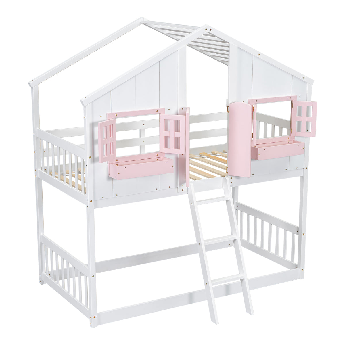 Twin House Bunk Bed with Ladder Pink White