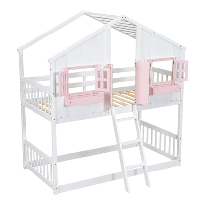 Twin House Bunk Bed with Ladder Pink White