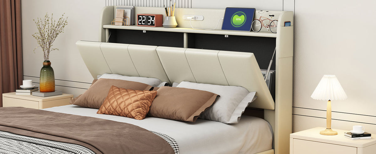 Platform Bed with Sensor Light and USB Beige