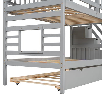 Twin Bunk Bed with Roof and Ladder Gray