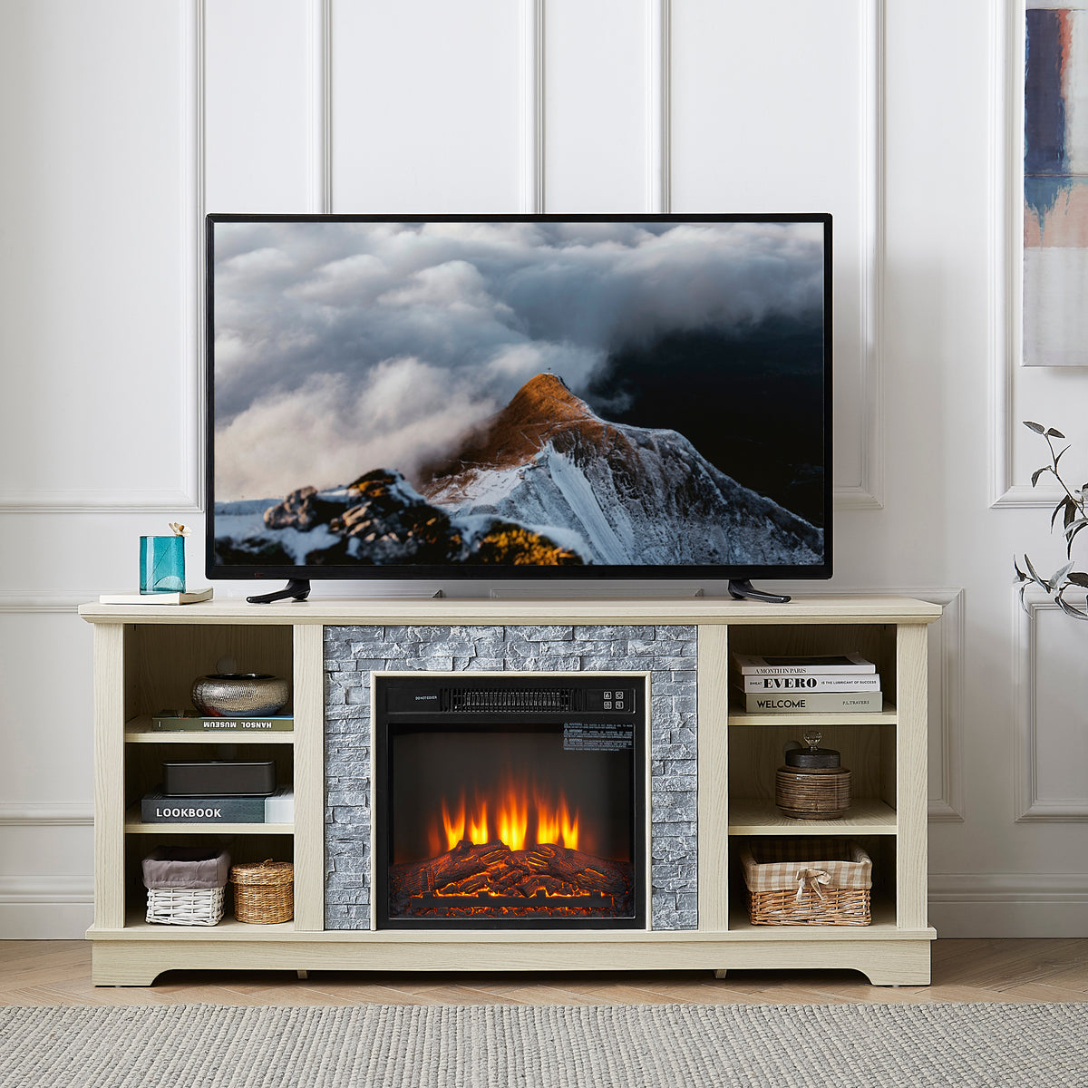 60-Inch Electric Fireplace Media Console White