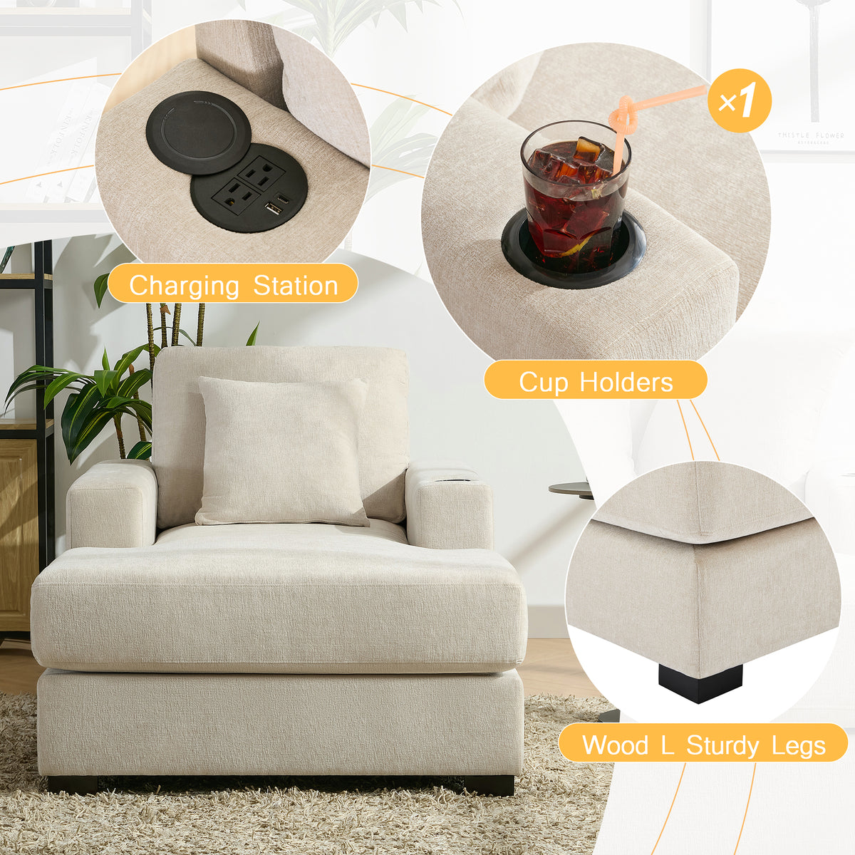 Oversized Chaise Lounge with Pillows Cream