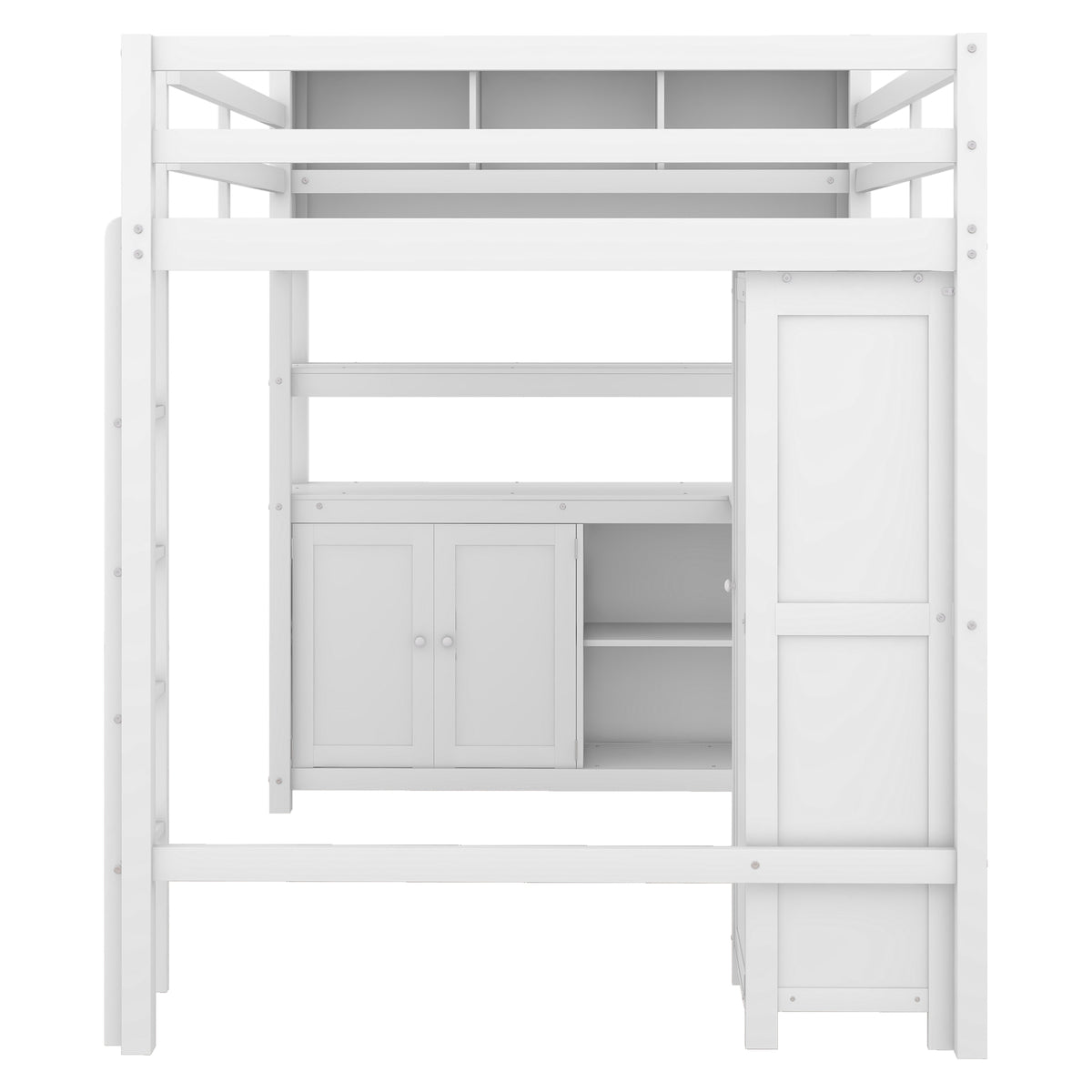 Wood Loft Bed with Bookshelf White