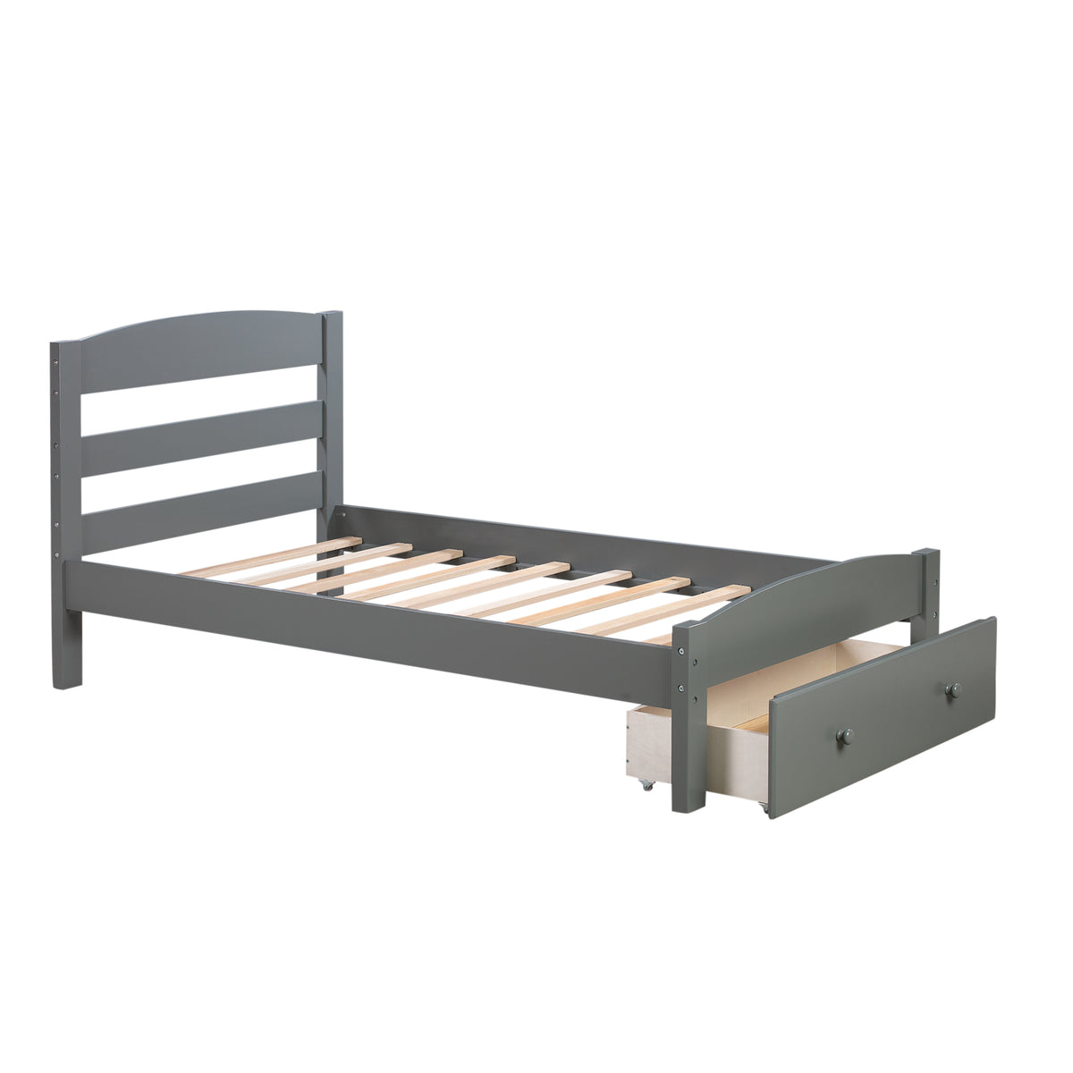 Grey Twin Platform Bed with Storage Drawer