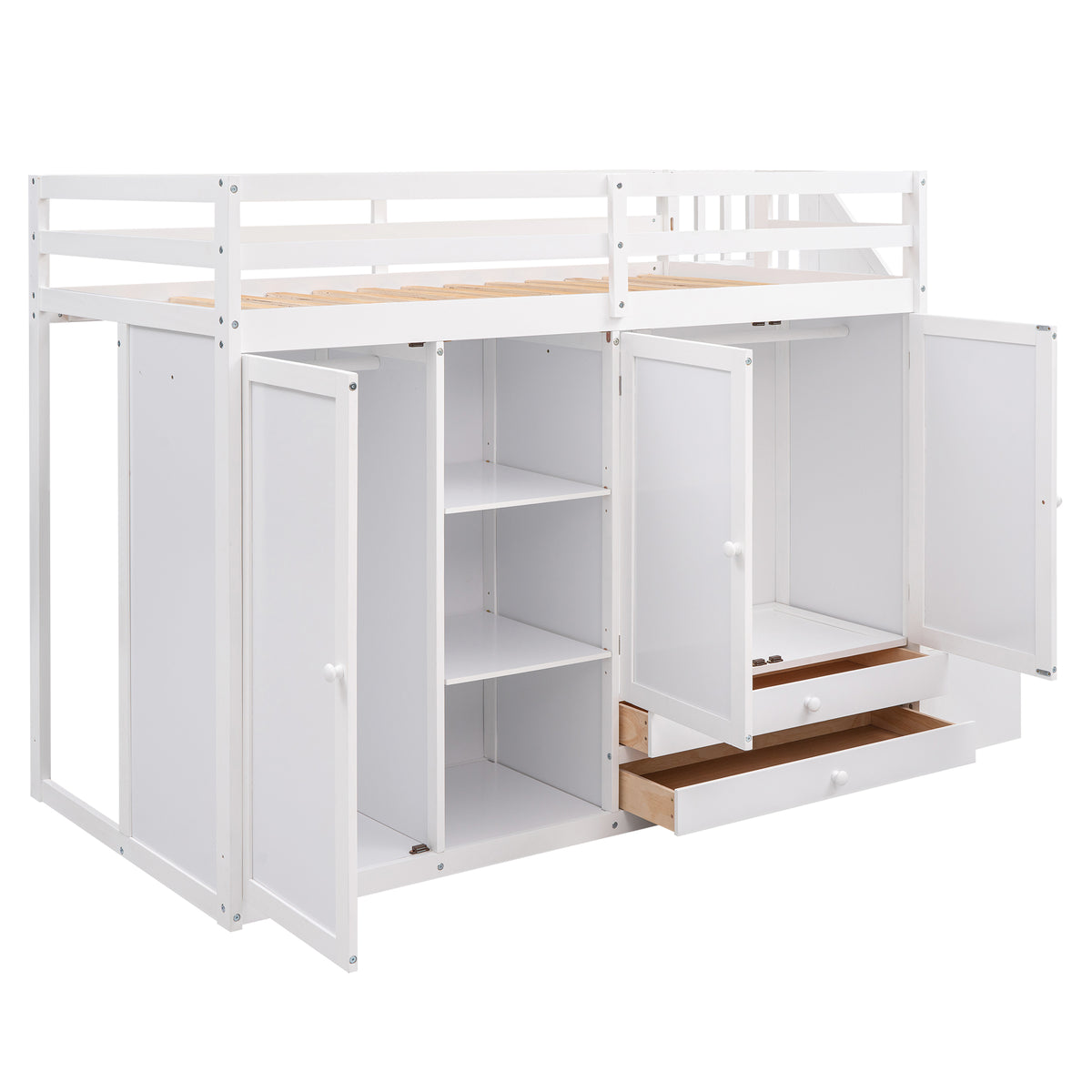 White Loft Bed with Storage and Ladder