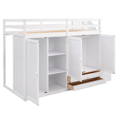 White Loft Bed with Storage and Ladder