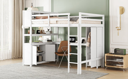 Wood Loft Bed with Bookshelf White