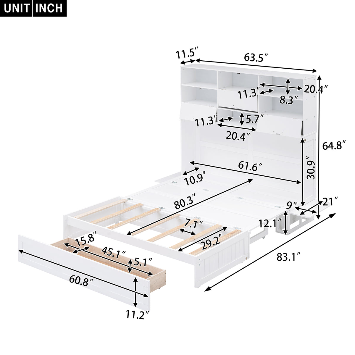 Queen Murphy Bed with Bookcase Storage – White