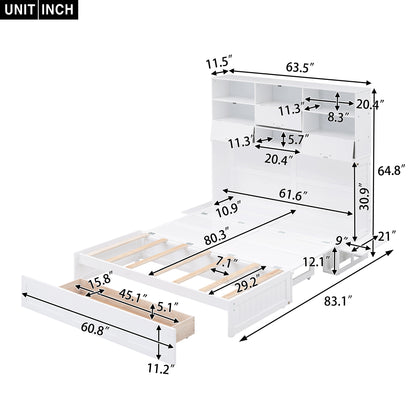 Queen Murphy Bed with Bookcase Storage – White