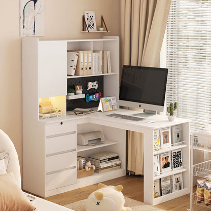 L-Shaped Office Desk with Bookshelf and Storage