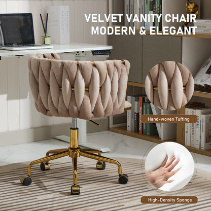Velvet Vanity Chair with Handwoven Backrest Gray