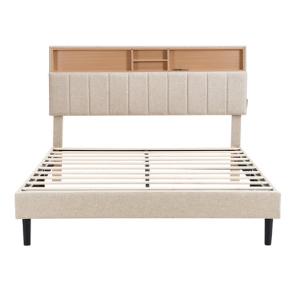 Queen Linen Platform Bed with Storage Beige