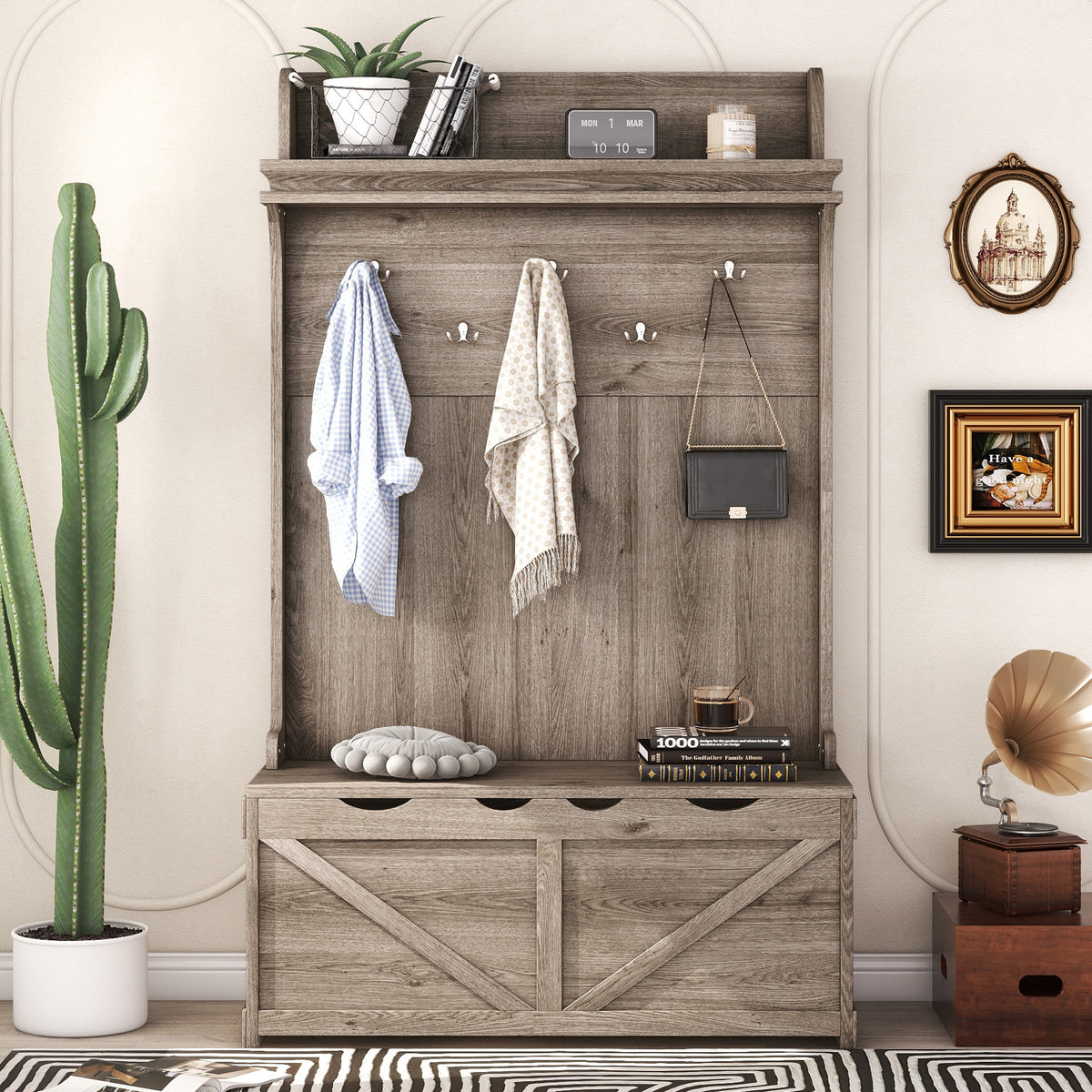 Oak Hall Tree with Hooks, Shelves, and Storage Bench