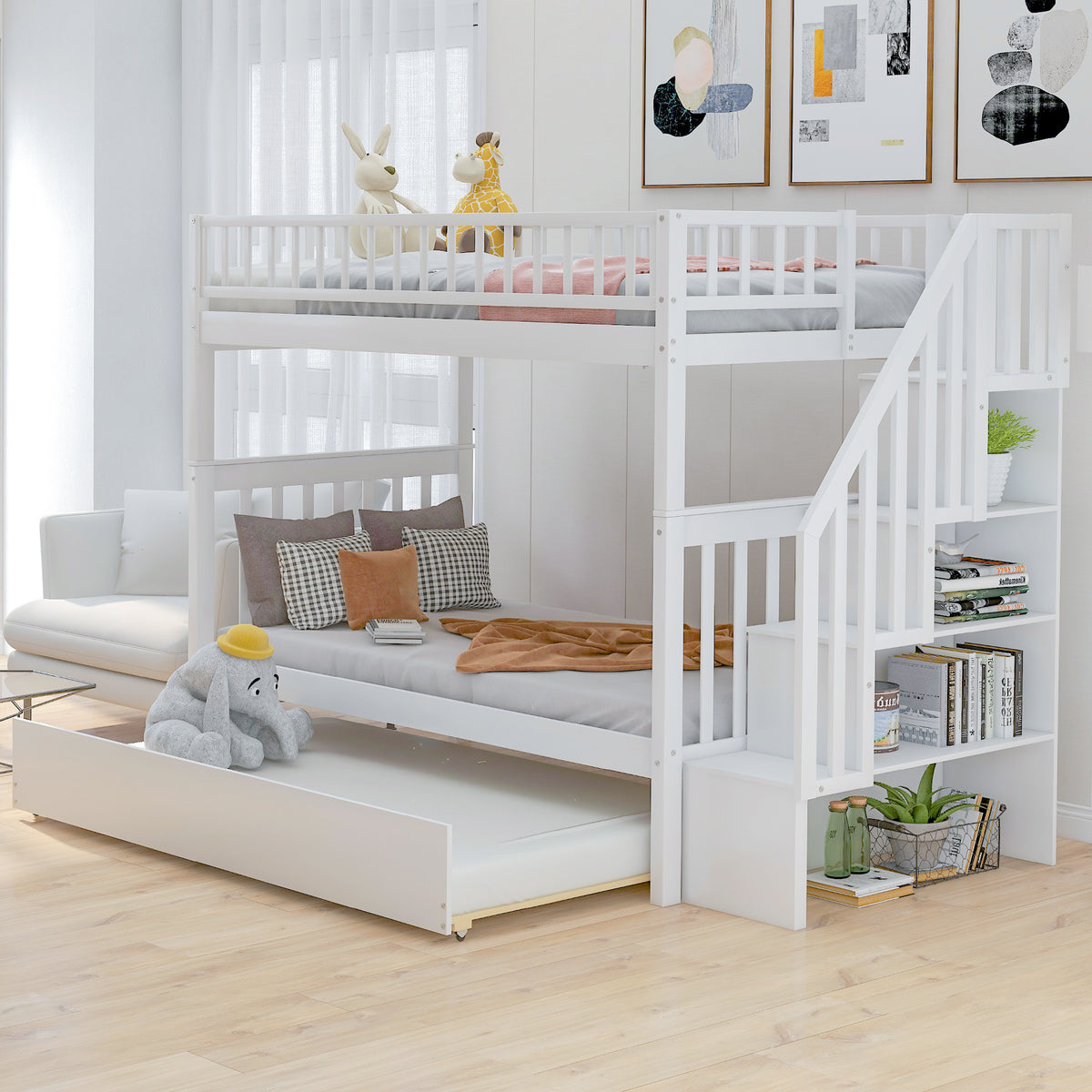 Twin Bunk Bed with Trundle White