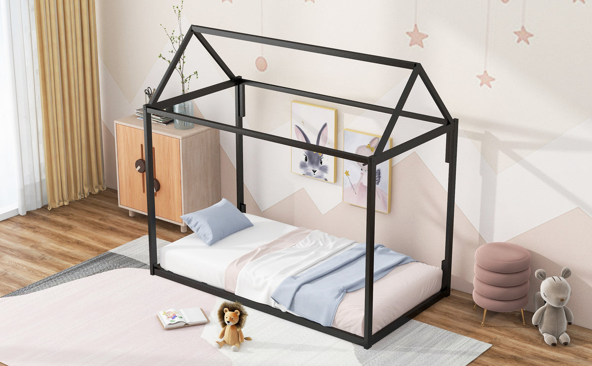Metal House Twin Platform Bed – White Finish
