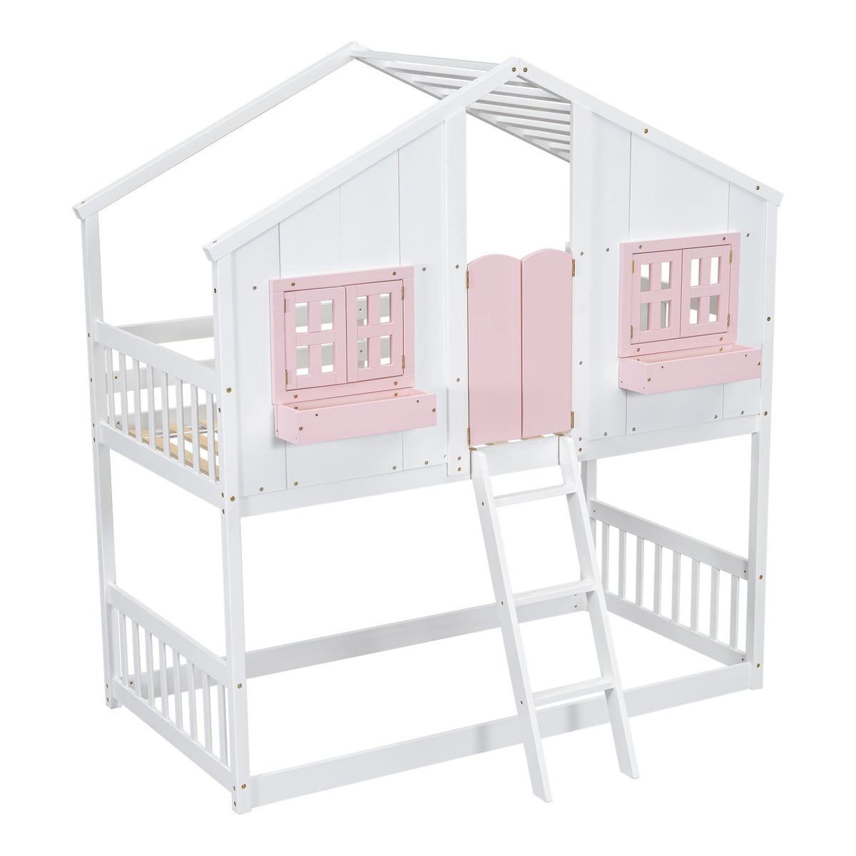 Twin House Bunk Bed with Ladder Pink White