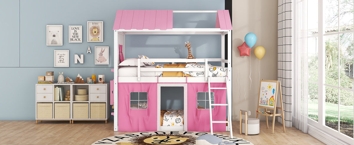 Twin Bunk Bed with Tent Pink White