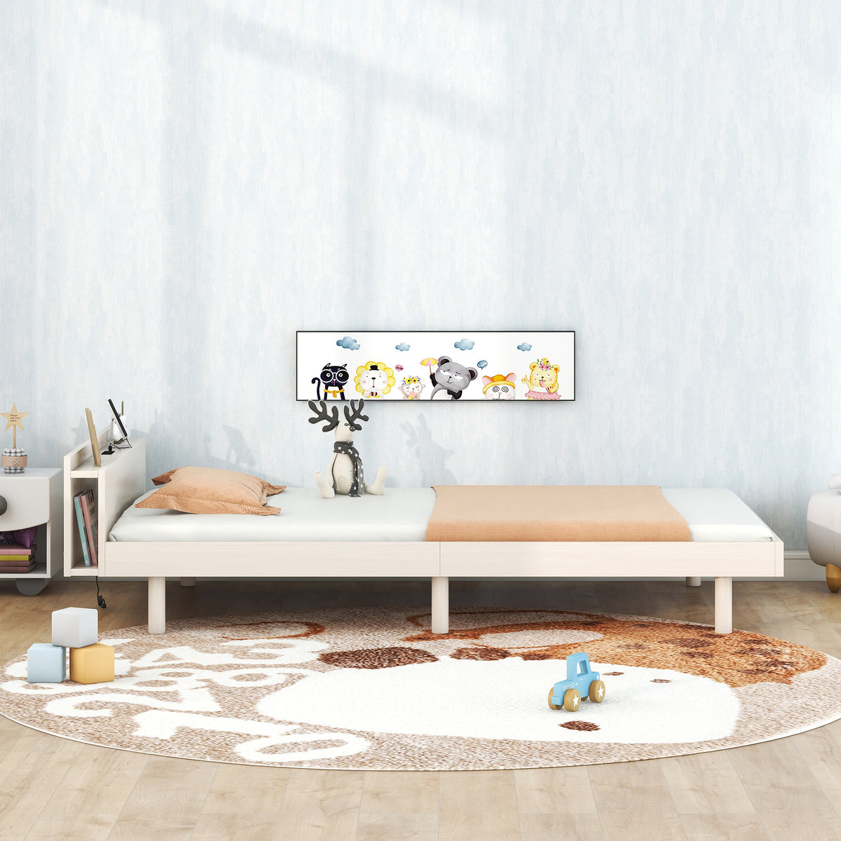Twin Platform Bed with USB Ports White Wash