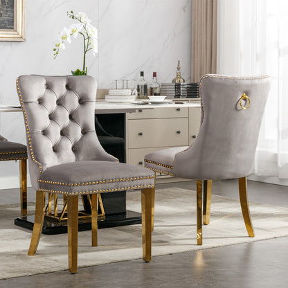 Tufted Velvet Dining Chair Set (2 pcs) – Gray & Gold Legs