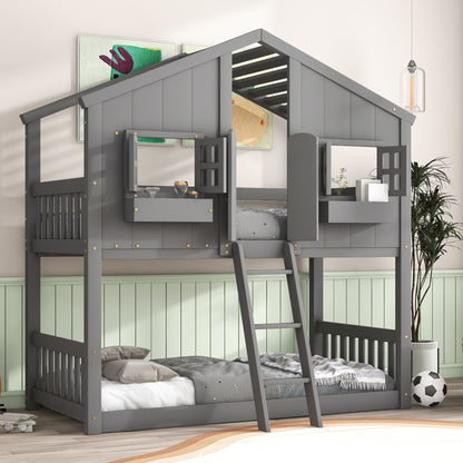 Twin House Bunk Bed with Ladder Grey