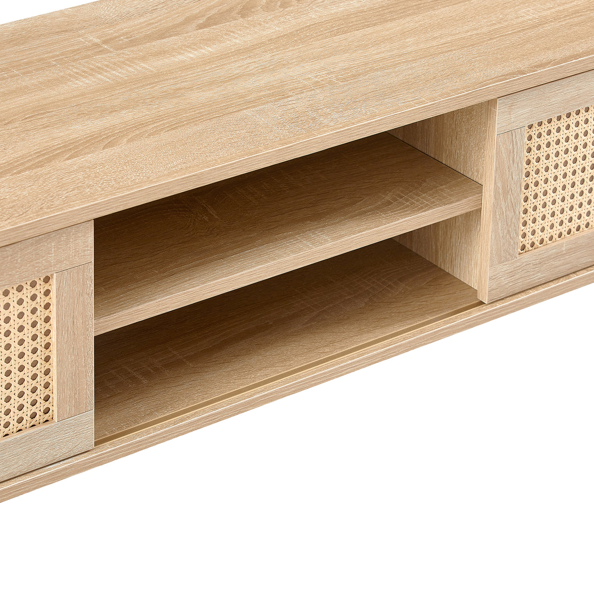 Rattan Wood TV Console – Adjustable Doors, Natural Finish