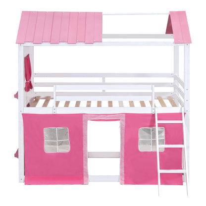 Twin Bunk Bed with Tent Pink White