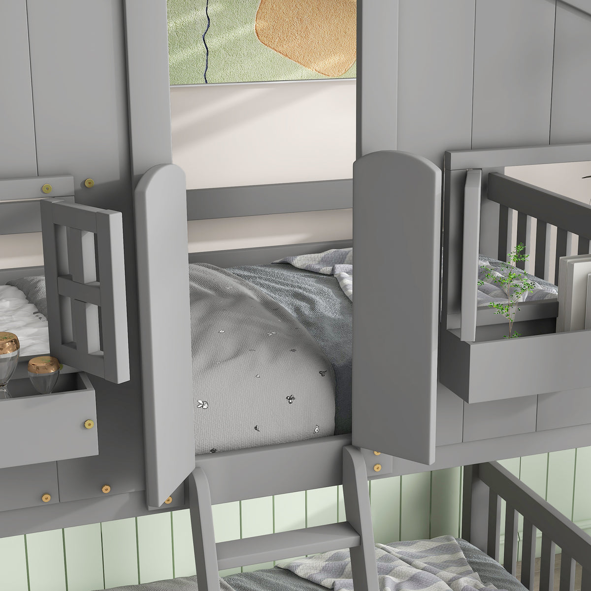 Twin House Bunk Bed with Ladder Grey