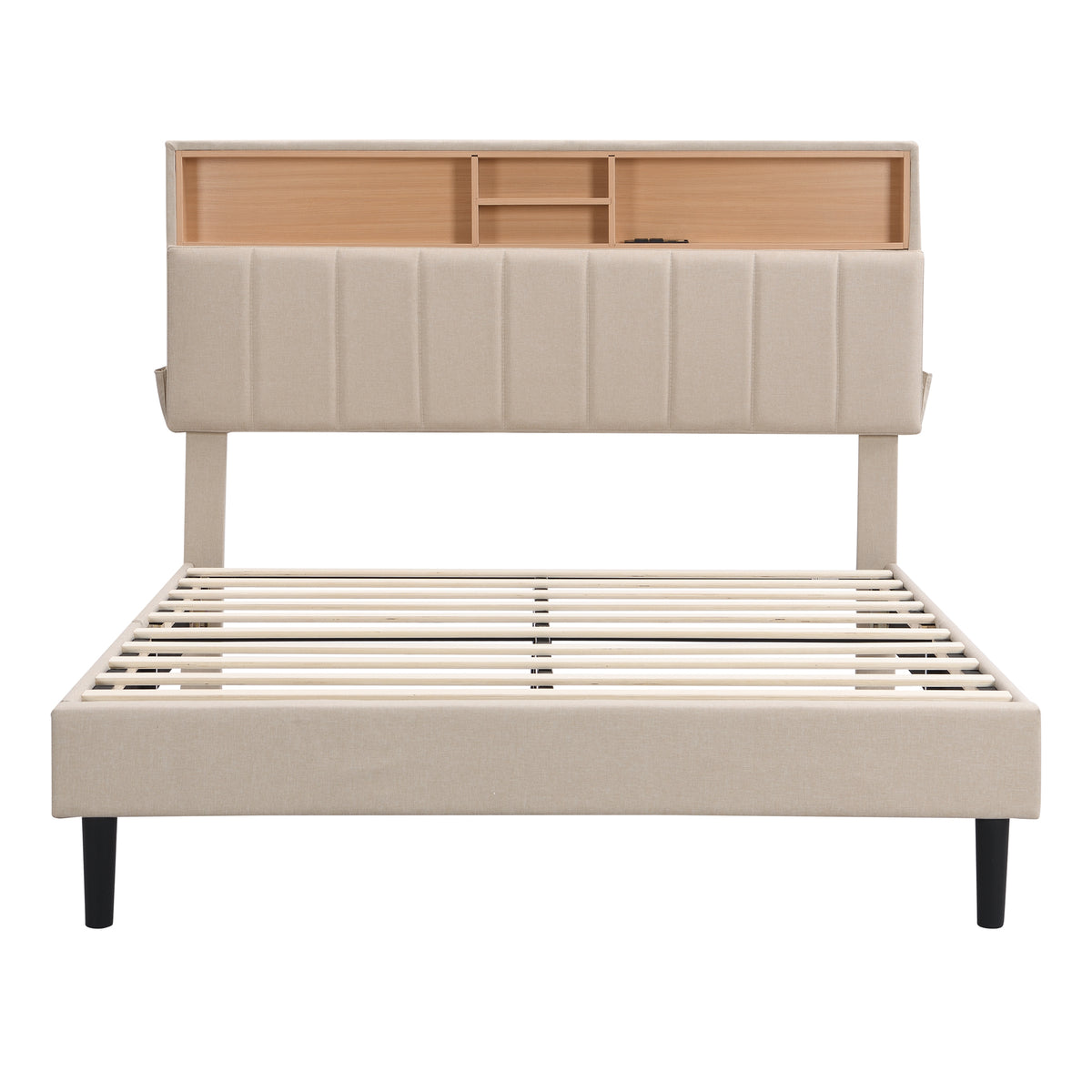 Full Upholstered Storage Bed – Beige Linen